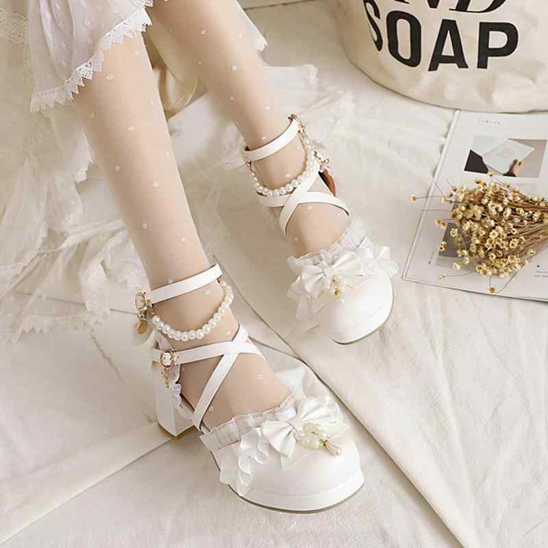 サンダル レディース ロリータ 甘め かわいい レース リボン クローズドトゥ アンクルストラップ ビーズ ミドルヒール フェイクレザー ラウンドトゥ ティーパーティー 春夏 ホワイト ベージュ ピンク ブラック