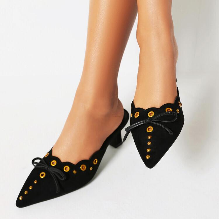 ミュール レディース クローズドトゥ ポインテッドトゥ チャンキーヒール 太ヒール ミドルヒール 外履き 普段使い サンダル フェイクスエード 合皮ライニング ブラック ベージュ 春夏 フェミニン 大人カジュアル