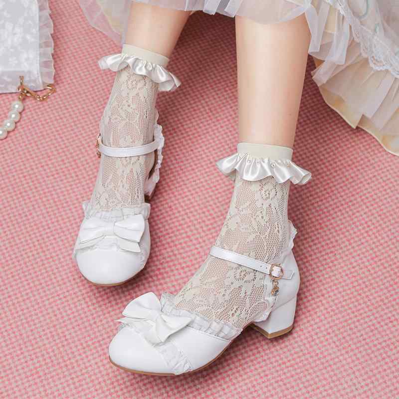 サンダル レディース ロリータ スウィート ガーリー かわいい 太ヒール クローズドトゥ リボン アンク..