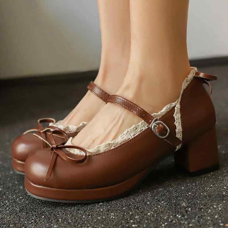 パンプス レディース メリージェーン かわいい リボン レース 切り替え ラウンドトゥ 厚底 太ヒール ハ..