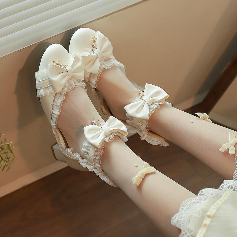 サンダル レディース ロリータ フェアリー プリンセス風 クローズドトゥ 包頭 太ヒール チャンキーヒー..