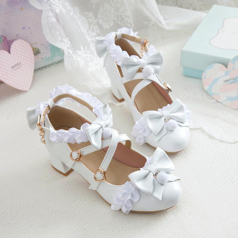 パンプス レディース ロリータ スウィート レース リボン ワンストラップ 太ヒール チャンキーヒール ..