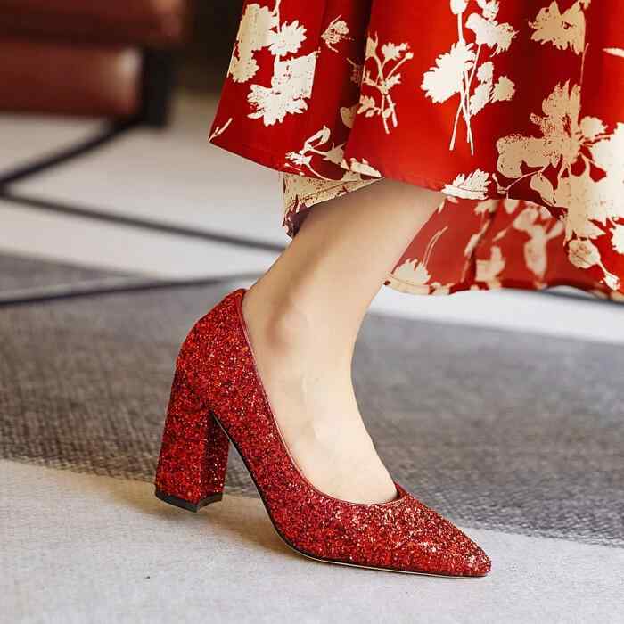 パンプス レディース レッド シルバー ゴールド スパンコール 太ヒール ポインテッドトゥ ハイヒール ..
