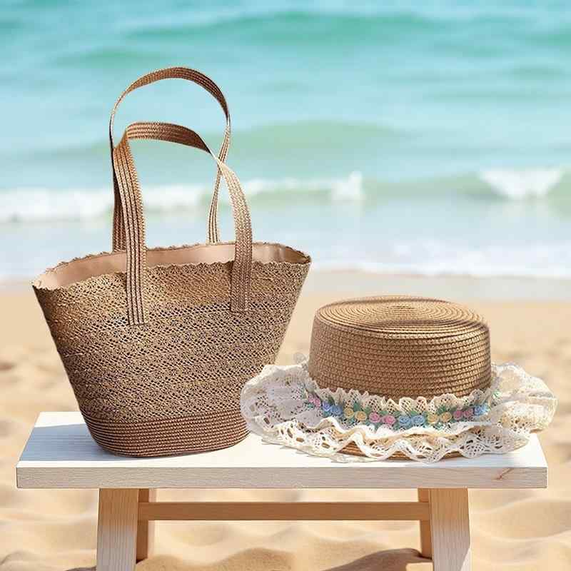 麦わら帽子 レディース ストローハット 広つば フラットトップ 日よけ UVカット 通気性 花柄 ビーチ リ..