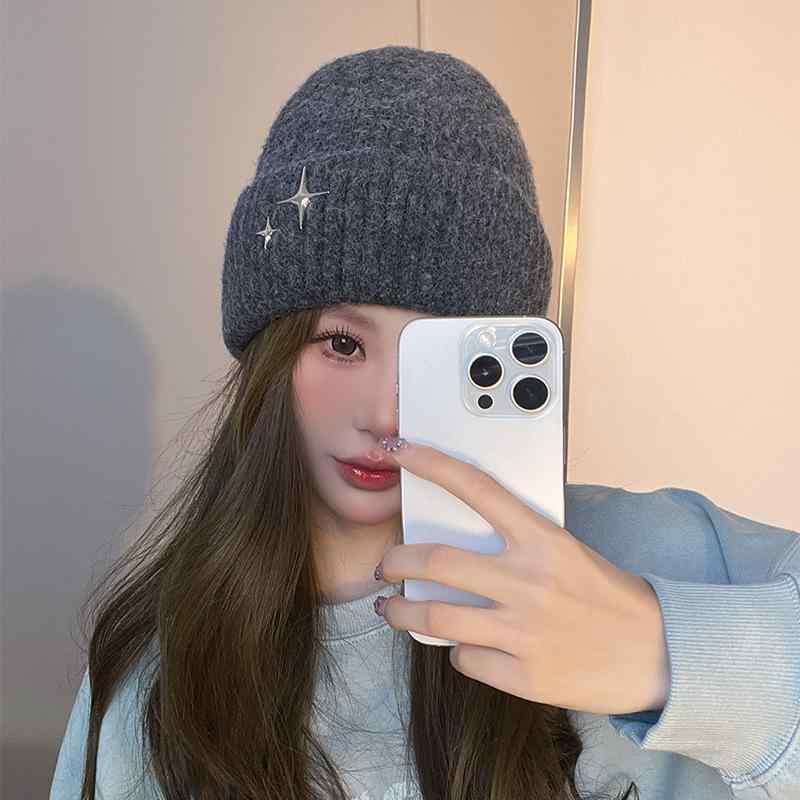 ニット帽 男女兼用 ユニセックス 秋冬 星柄 アクリル 保温 防風 小顔効果 耳当て付き カジュアル シンプル 普段使い ビーニー 防寒