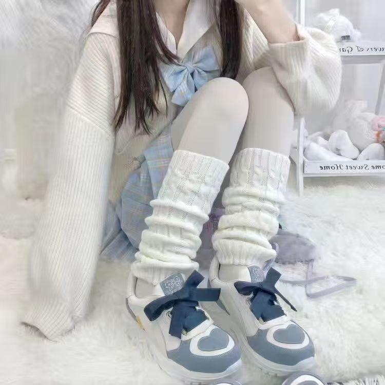 レッグウォーマー レディース ニット 保温 あったか ルーズソックス 膝丈 ロリータ かわいい ベーシック 普段使い ホワイト ブラック