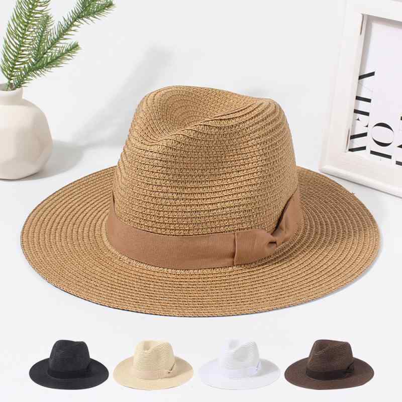 麦わら帽子 レディース パナマハット ストローハット ペーパー素材 ブラックリボン 平つば 広つば 日よけ 紫外線対策 UVカット 遮光 アウトドア ビーチ リゾート 旅行 春夏