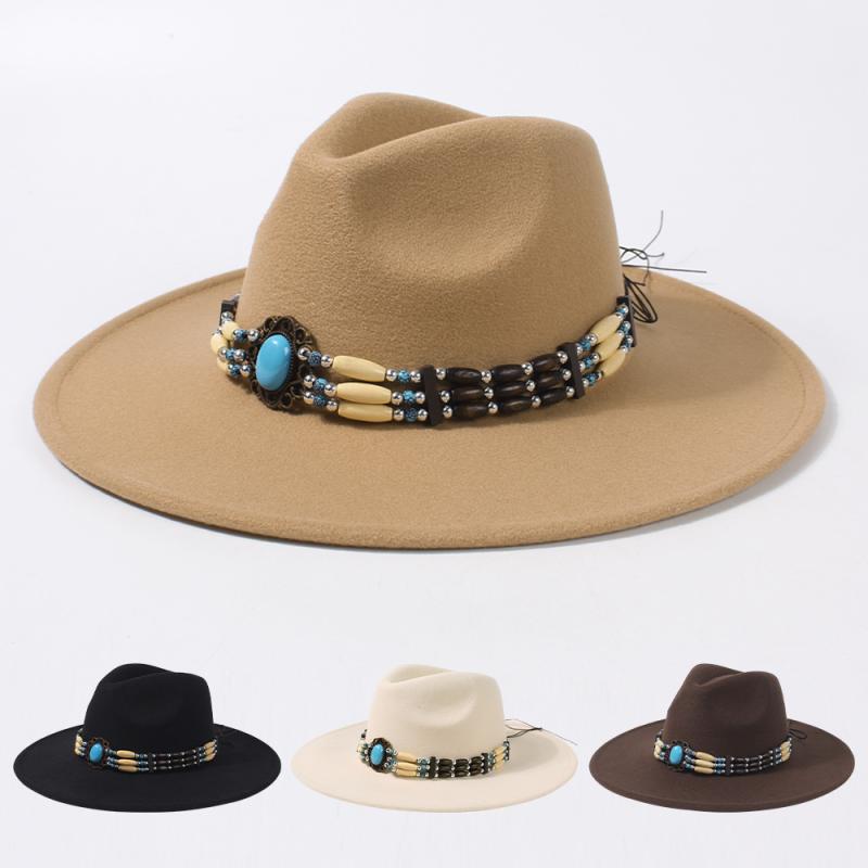 中折れハット ユニセックス 秋冬 エスニック調 デニム調 ウールフェルト つば広 レトロ おしゃれ 個性的 日よけ UVカット 紫外線対策 サイズ調整可能 ブラック ブラウン カーキ