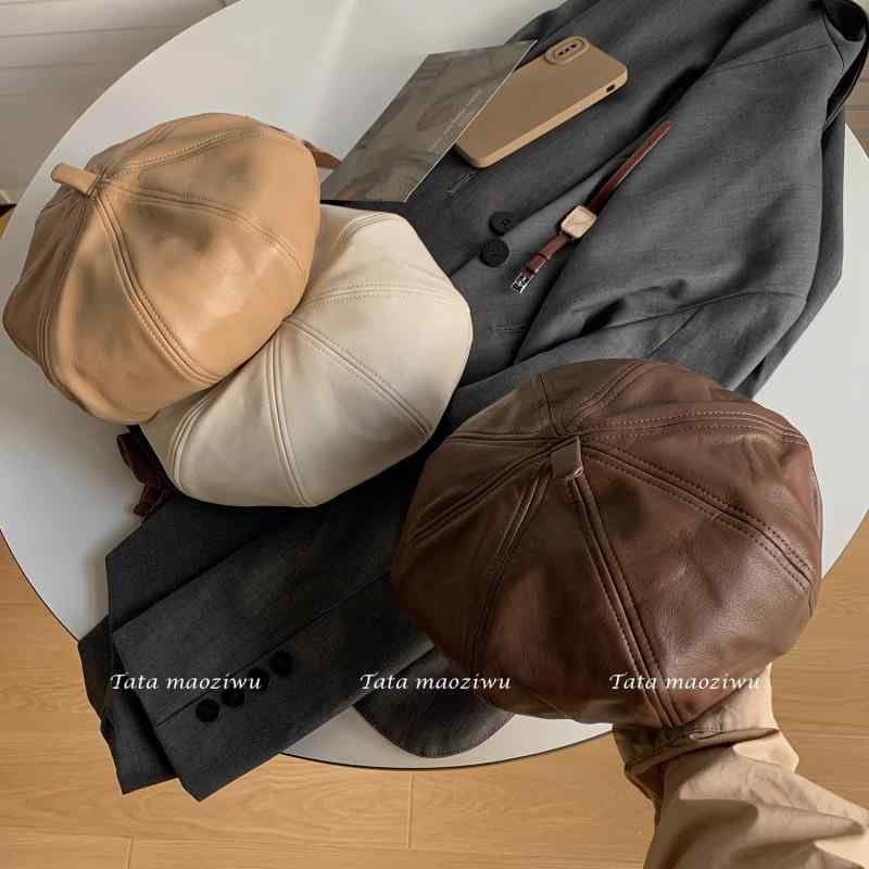 ベレー帽 レディース PUレザー 八角形 レトロ 画家帽風 小顔効果 韓国 カジュアル 高級感 秋冬 ブラック アイボリー 通気性 おしゃれ小物 普段使い