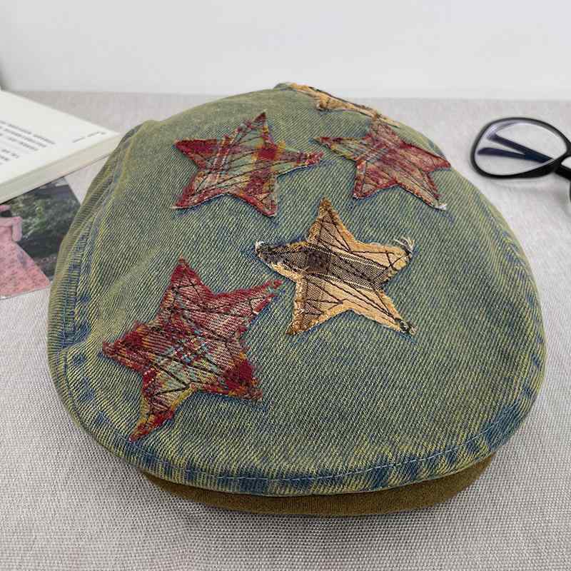 キャスケット レディース デニム ウォッシュ加工 パッチワーク スター柄 ユーズド加工 深め 大きいサイズ 小顔効果 ハンチング ベレー帽 カジュアル