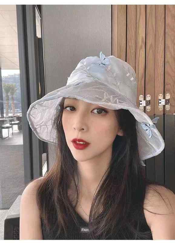 バケットハット レディース 韓国 ポリエステル 通気性 メッシュ ワイドブリム 平たいつば 蝶 刺繍 日よけ UV対策 春夏 フェミニン カジュアル ホワイト ブラック アイボリー 普段使い