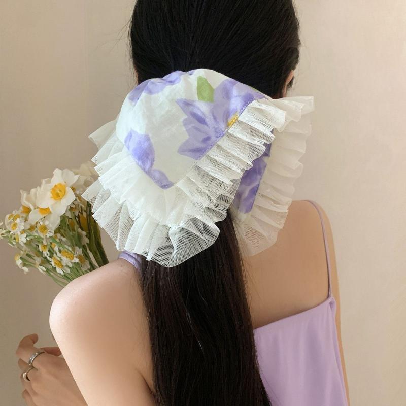 シュシュ レディース フレンチ 韓国 シンプル 花柄 ホワイト 高級感 ビッグ スカーフ風 布製 髪飾り フ..
