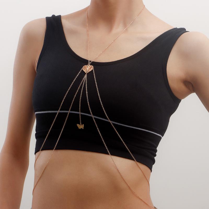 ボディチェーン 女性用 欧米風 幾何学 透かし彫り 蝶 ペンダント メタル チェストチェーン 合金製 電気..