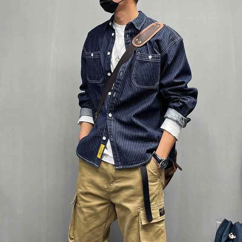 シャツ メンズ アメリカン レトロ カジュアル デニム ストライプ ドロップショルダー 長袖 ゆったり 厚手 ビッグシルエット 大きいサイズ 形態安定 ポリエステル ブラック ブルー
