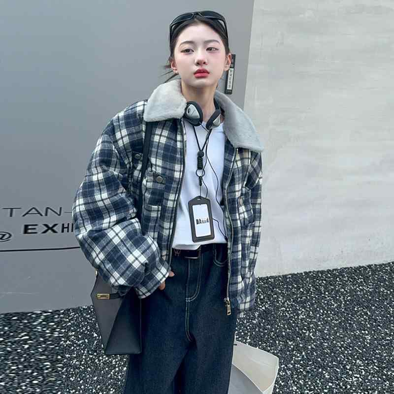 キッズ 女の子 秋冬 厚手 中綿入り チェック柄 切り替え ボア襟 ゆったり オーバーサイズ ジャケット アウター レトロ 韓国 ポリエステル混紡 柔らか カジ...