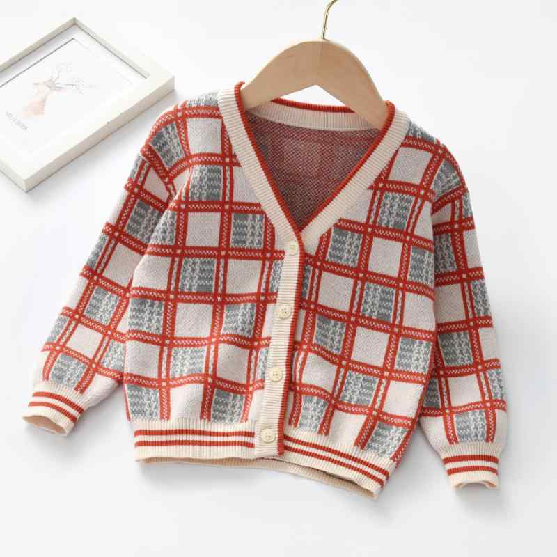 カーディガン キッズ 男の子 コットン ニット 長袖 Vネック シングルボタン チェック柄 秋冬春 アプリ..
