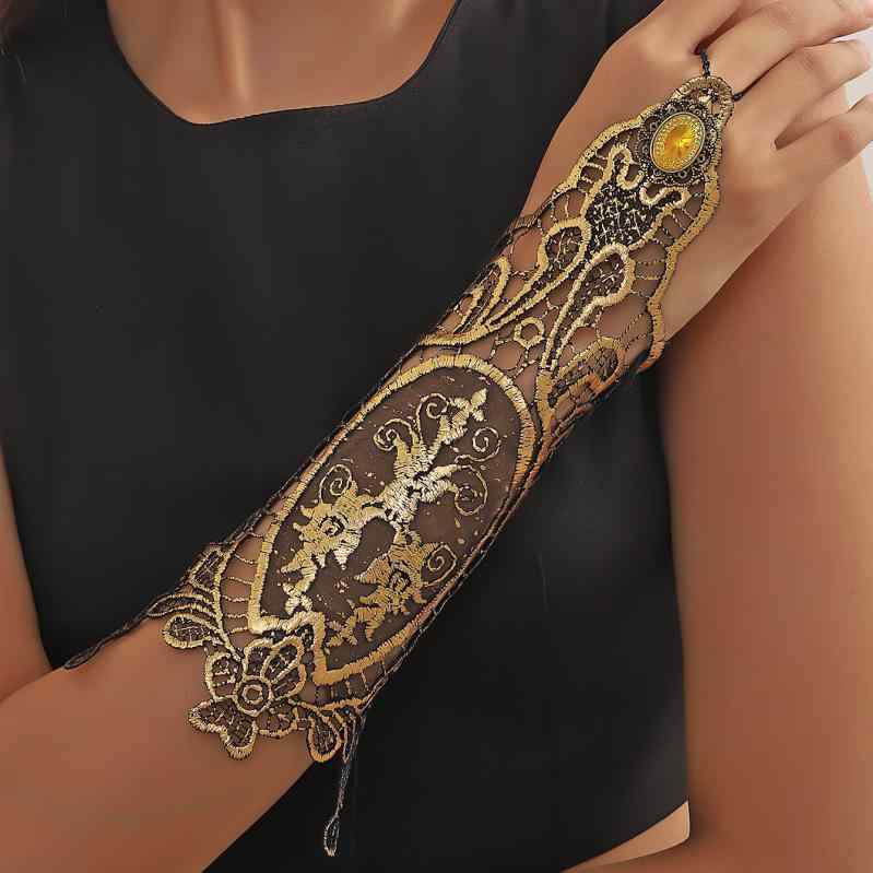 手袋 レディース ゴールド レトロ レースフリル ストーン飾り フォーマル ドレス 結婚式 パーティー 披露宴 ブレスレットセット フェミニン エレガント 韓国ファッション 秋冬