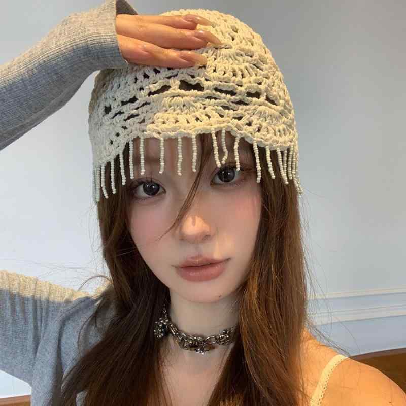 ニット帽 レディース レトロ エスニック フリンジ タッセル チャーム 薄手 透かし編み かぎ針編み クロ..