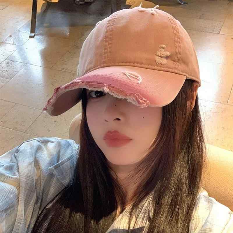 ベースボールキャップ レディース ピンク ダメージ加工 アメカジ レトロ つば広 小顔効果 柔らかいツバ 個性的 トレンド ファッション UVカット 日よけ 通気性 防寒 カジュアル 普段使い(4)
