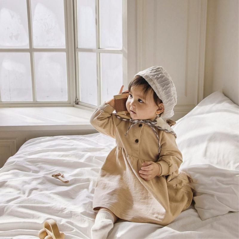 ワンピース ベビー 女の子 赤ちゃん 2つボタン 長袖 スウェット トレーナー 切り替え ロング Aライン ..