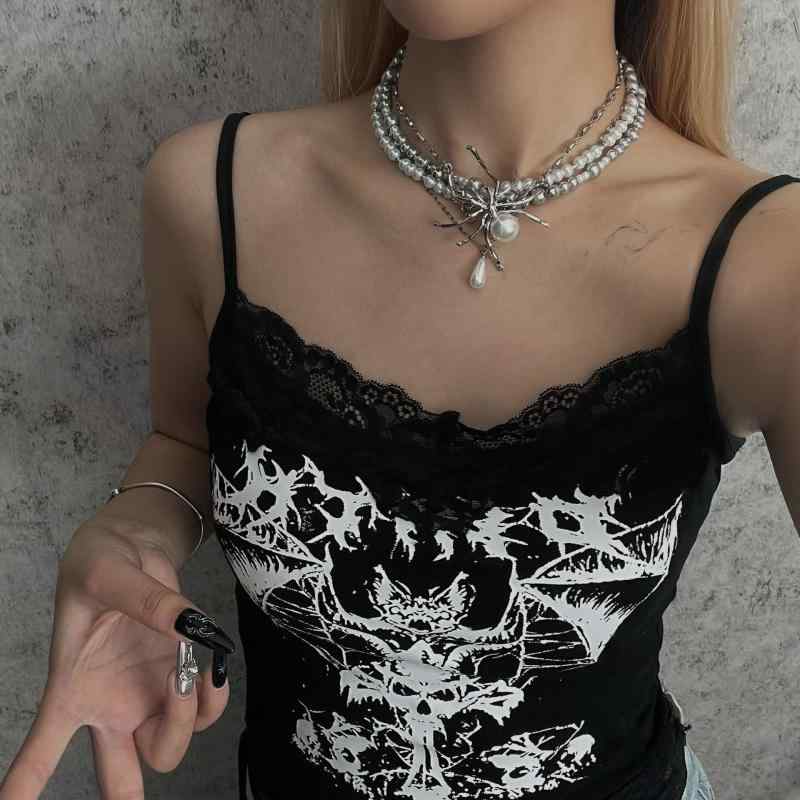 ネックレス 男女兼用 パンク サブカルチャー 二連 パール 蜘蛛 モチーフ 重ね付け チョーカー 鎖骨チェーン 個性的 甘辛 ギャル風 ストリートファッション アクセサリー(4)