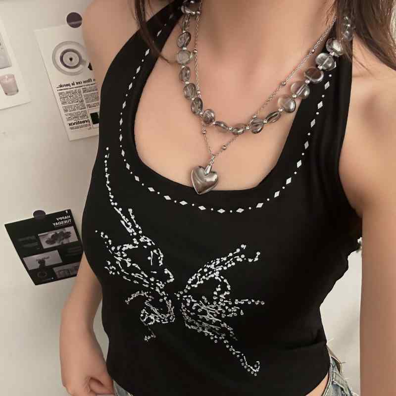 ネックレス レディース 女性用 ハートペンダント ダブルチェーン 重ね付け 透明感 グレー 水晶 ビーズ 変形 個性的 クール 甘辛ミックス 鎖骨丈 普段使い 万能