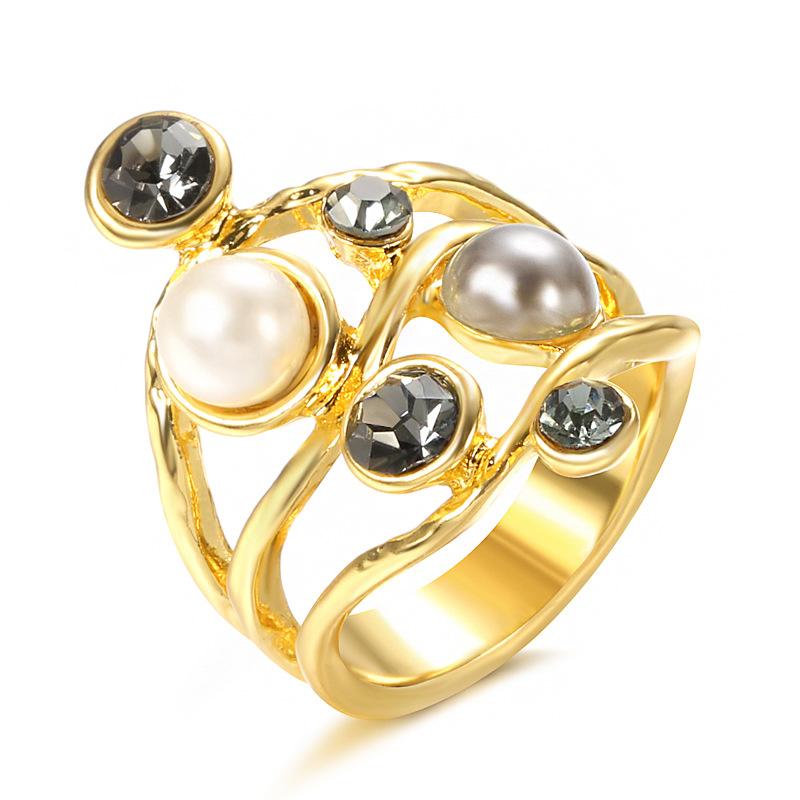 指輪 レディース ボヘミアン エスニック 欧米風 レトロ ヴィンテージ風 大ぶり パール装飾 フラワーモチーフ 合金製 電気メッキ加工 ゴールドカラー