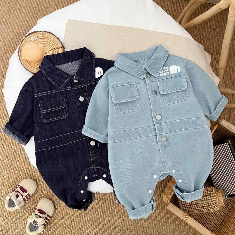 ロンパース 男の子 ベビー 春秋 韓国 デニム 長袖 カバーオール 新生児 乳児 おしゃれ かわいい 綿 コットン 外出着 お出かけ 普段着
