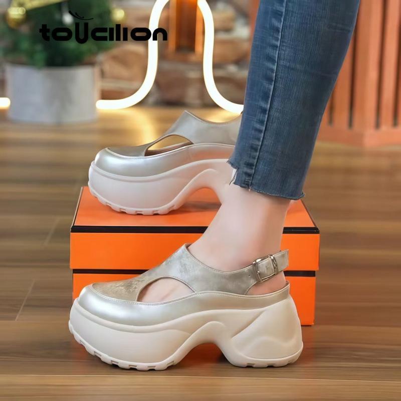 サンダル レディース 厚底 プラットフォーム ヒール 小柄向け 夏 外履き お出かけ ビーチ リゾート 韓国ファッション PUレザー ワンストラップ シャンパンカラー シルバー ヒョウ柄 ラウンドトゥ