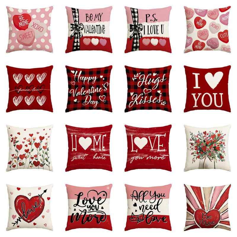 クッションカバー 抱き枕カバー バレンタインデー ウェディング 結婚式 赤 ハート ロマンチック リネン..