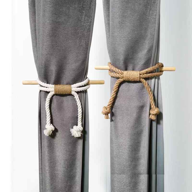 カーテンタッセル 北欧風 シンプル 綿麻ロープ 木製 穴あけ不要 和風 編み込み 留め具 おしゃれ ナチュラルインテリア リビング 寝室 模様替え