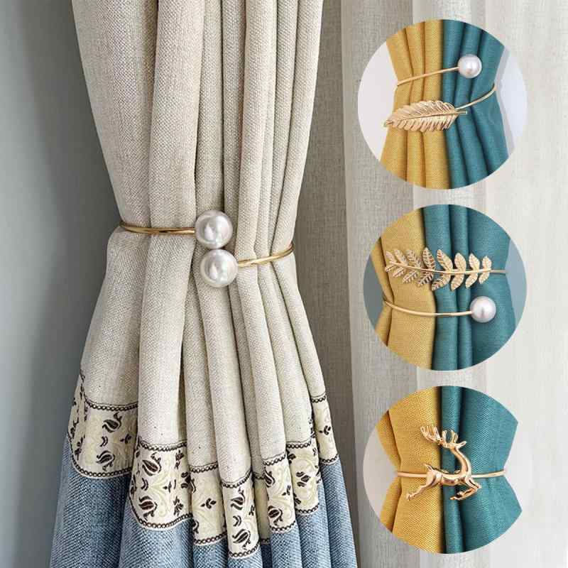 カーテンタッセル リーフ フェザー パール メタルリング 銅製 アレンジ自在 穴あけ不要 巻き付け式 シンプル 窓辺のアクセント ゴールド シルバー Sサイズ Lサイズ