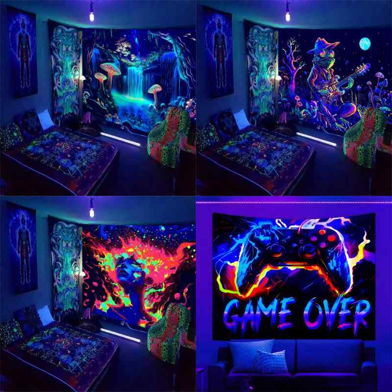 タペストリー ウォールデコ 壁掛け 紫外線反応 蛍光 ブラックライト ネオン効果 ファンタジー 幻想的 サイケデリック ポリエステル製 北欧風 幾何学模様 抽象柄 リビング 寝室 部屋 装飾 背景布 背景クロス