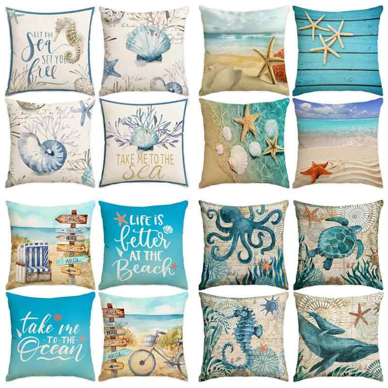 クッションカバー サマー マリンスタイル ビーチ 貝殻柄 シェル柄 海洋柄 リネン風 リビング ソファ 部..