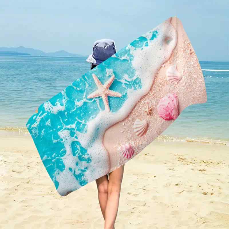 ビーチタオル 海洋モチーフ ヒトデ 貝殻 ウミガメ柄 マリン 超極細繊維 マイクロファイバー 速乾 吸水..