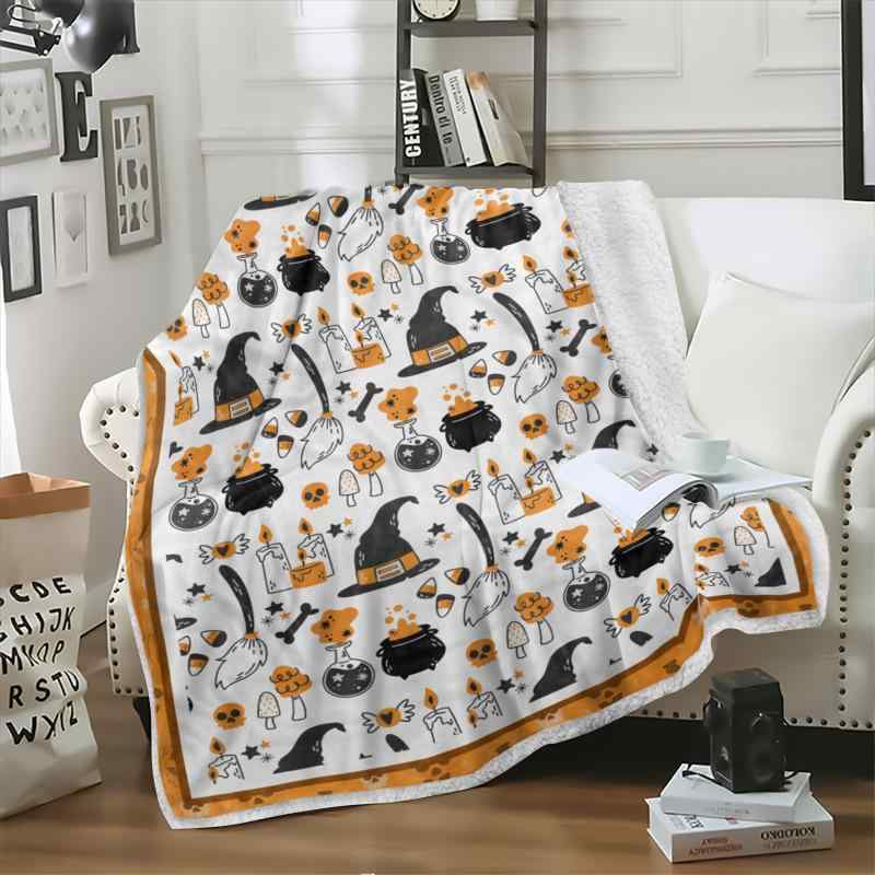 毛布 キッズ 大人用 ハロウィン 魔女柄 カボチャ模様 シェルパ 二層 ポリエステル 暖かい ブランケット..