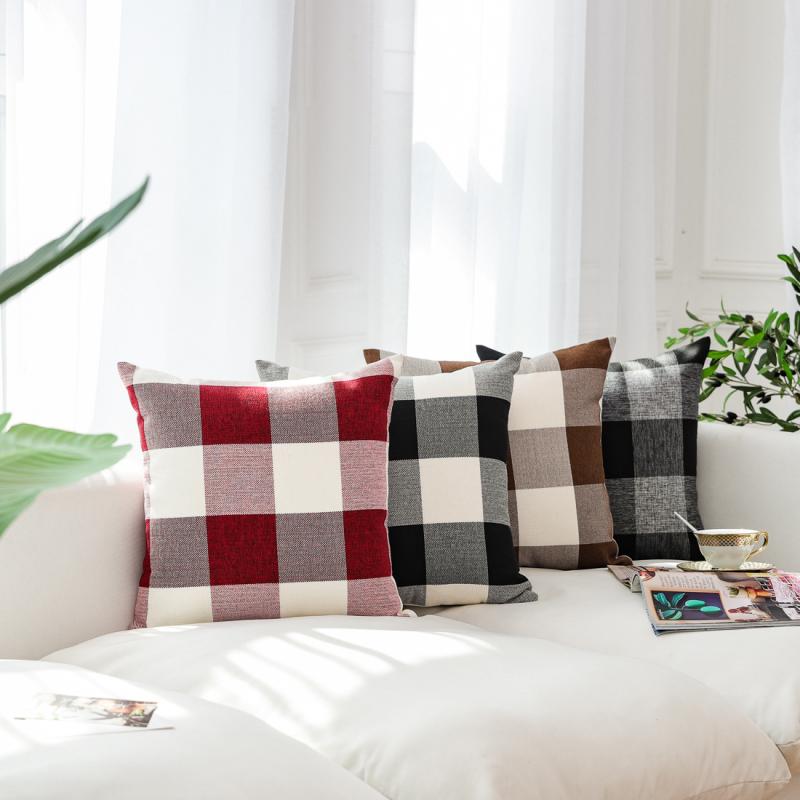 クッションカバー クリスマス 大格子 チェック柄 リネン 麻 アメリカン カントリー 田園風 ソファ用 抱き枕カバー リビング 室内装飾 多彩なカラー展開 黒