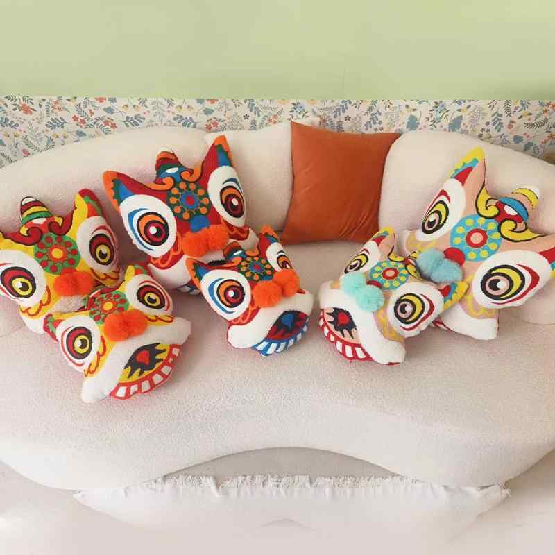 抱枕 中国風 中国風スタイル 3D 獅子舞 獅子頭 縁起物 抱き枕 クッション 綿 ポリエステル 黄 青 ピン..