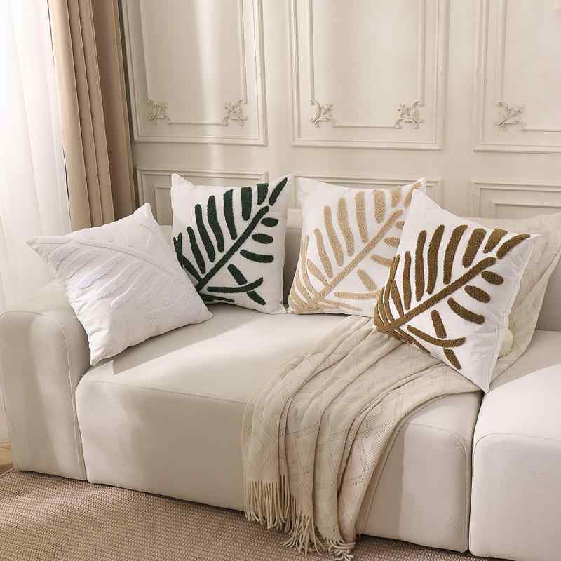 クッションカバー 刺繍 リーフ柄 ボタニカル 高級感 おしゃれ 北欧風 モダン シンプル ソファ リビング..