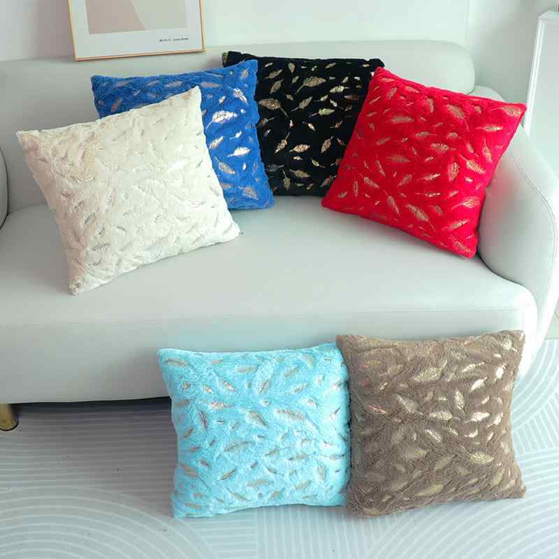 クッションカバー 両面 羽根 フェザー 箔プリント柄 フリース ベロア調 ふわふわ モダン 北欧風 リビン..