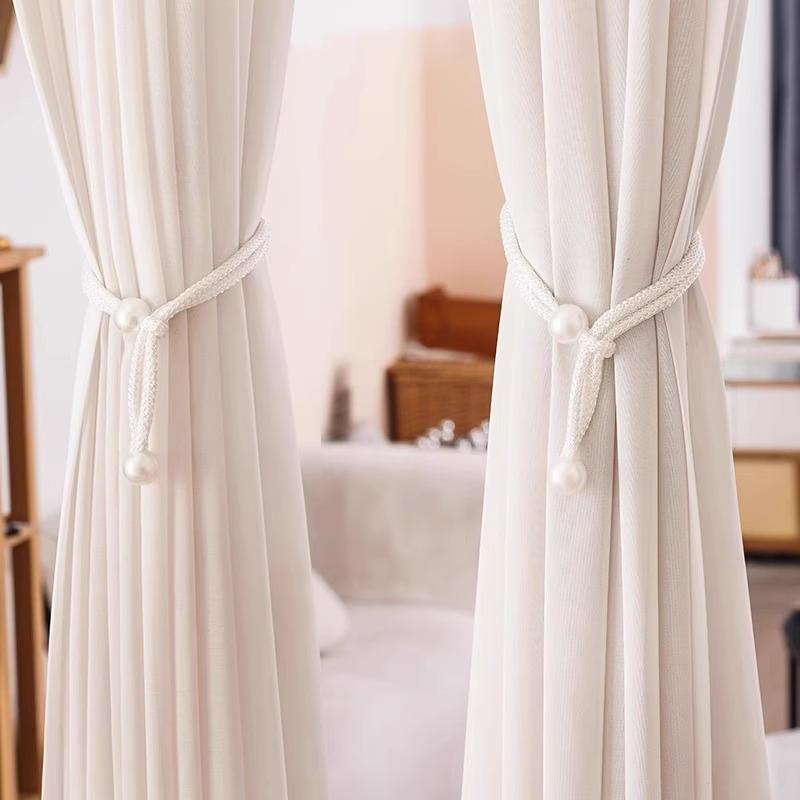 カーテンタッセル パール飾り 穴あけ不要 マグネット式 2個セット 綿麻 ロープタイプ おしゃれ シンプル モダン カーテン留め具 ホルダー クリップ バンド 窓装飾 リビング 寝室 インテリア雑貨 ホワイト ブルー グレー