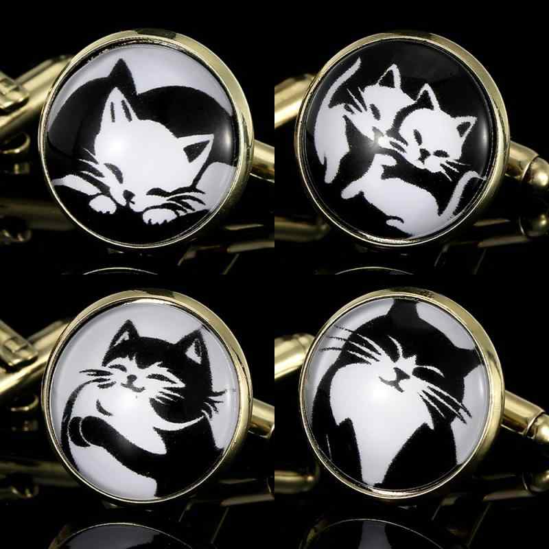 カフスボタン メンズ 男性用 猫柄 動物モチーフ 円形 丸型 欧米風 スタイリッシュ 合金製 電気メッキ加..