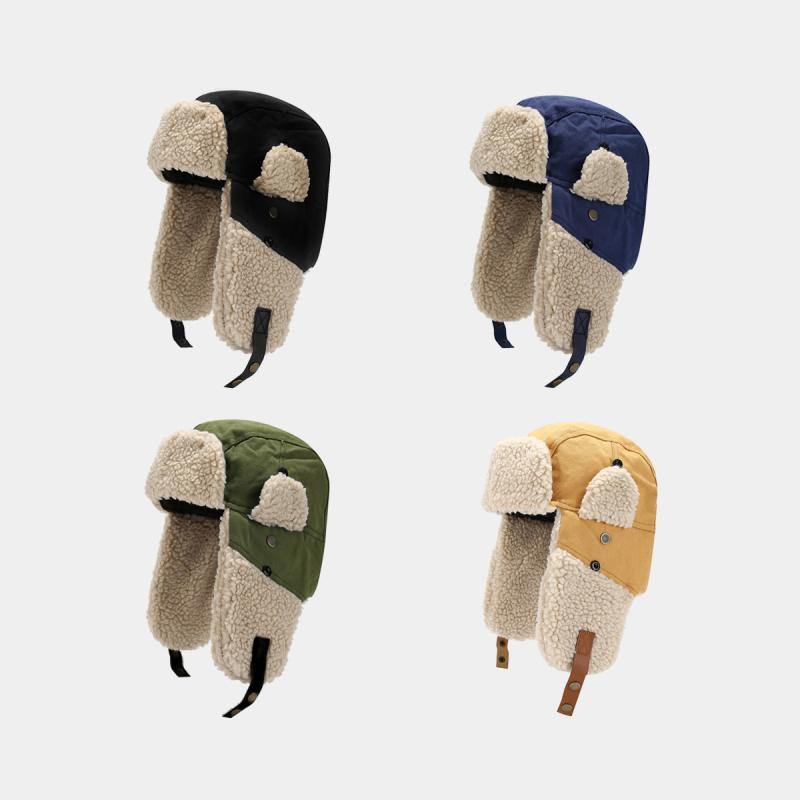 フライトキャップ 男女兼用 トラッパーハット 防寒 保温 防風 耳当て付き ボア アウトドア サイクリング 冬用 キャンバス 切り替え ブラック ネイビー イエロー カーキ