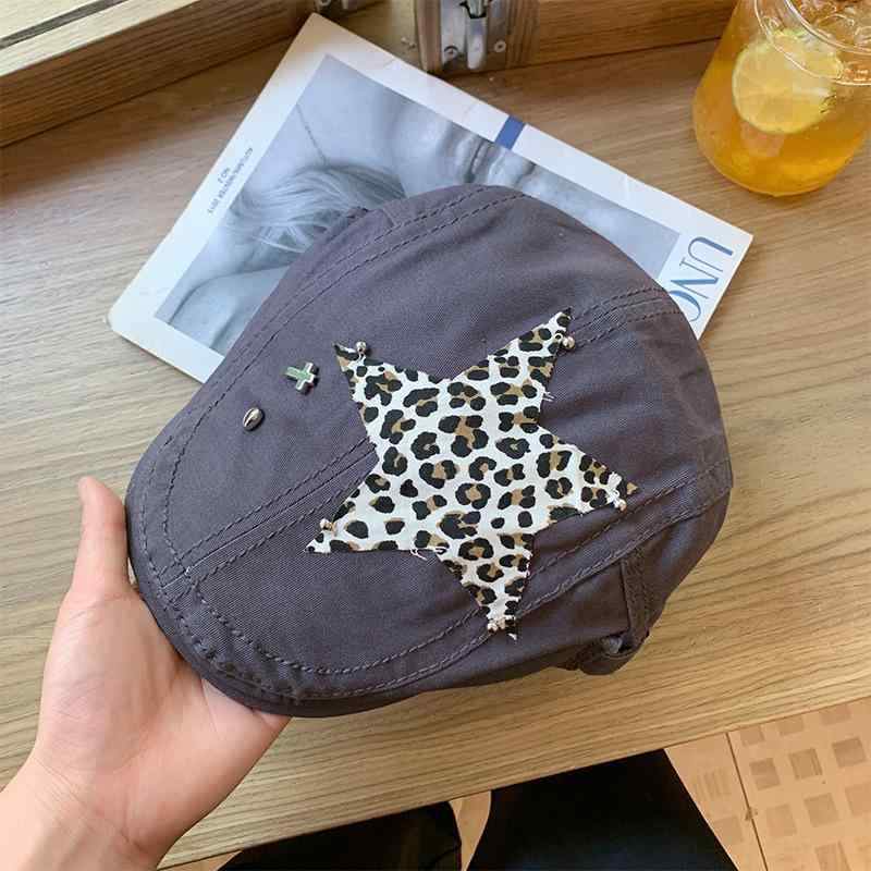 ベレー帽 レディース ヒョウ柄 星柄 パッチワーク レトロ ストリート 小顔効果 ゆったり ダックビル コットン素材 通気性 防風 紫外線対策 日よけ カジュアル ブラック ホワイト カーキ グレー(4)