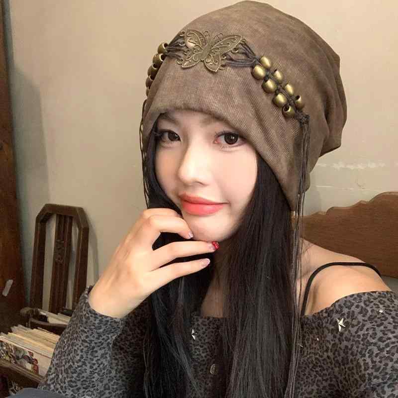 ニット帽 レディース アメリカン レトロ ヴィンテージ風 タイダイ タッセル ビーズ 甘辛MIX ゆったり ..