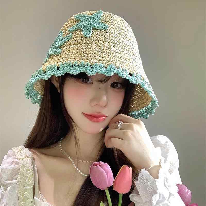 麦わら帽子 レディース 女性用 星柄 草編み ハンドメイド バケットハット バケツ型 ラウンドトップ つば広 日よけ UVカット 紫外線対策 ビーチ リゾート 旅行 春夏 さわやか 韓国 ベージュ ホワイト カーキ