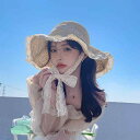 麦わら帽子 レディース 韓国 春夏 あご紐付き 透かし編み レース縁 つば広 UVカット 日よけ ビーチ リゾート 旅行 お出かけ 通気性 防風 ナチュラル エレガント ラウンドトップ