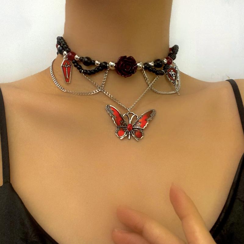 ネックレス レディース 西洋風 パンク ダーク ゴシック風 ローズ 蝶 レッド 合金 電気メッキ加工 ペンダント 個性的 ライトラグジュアリー タッセル 上品 おしゃれ 普段使い パーティー