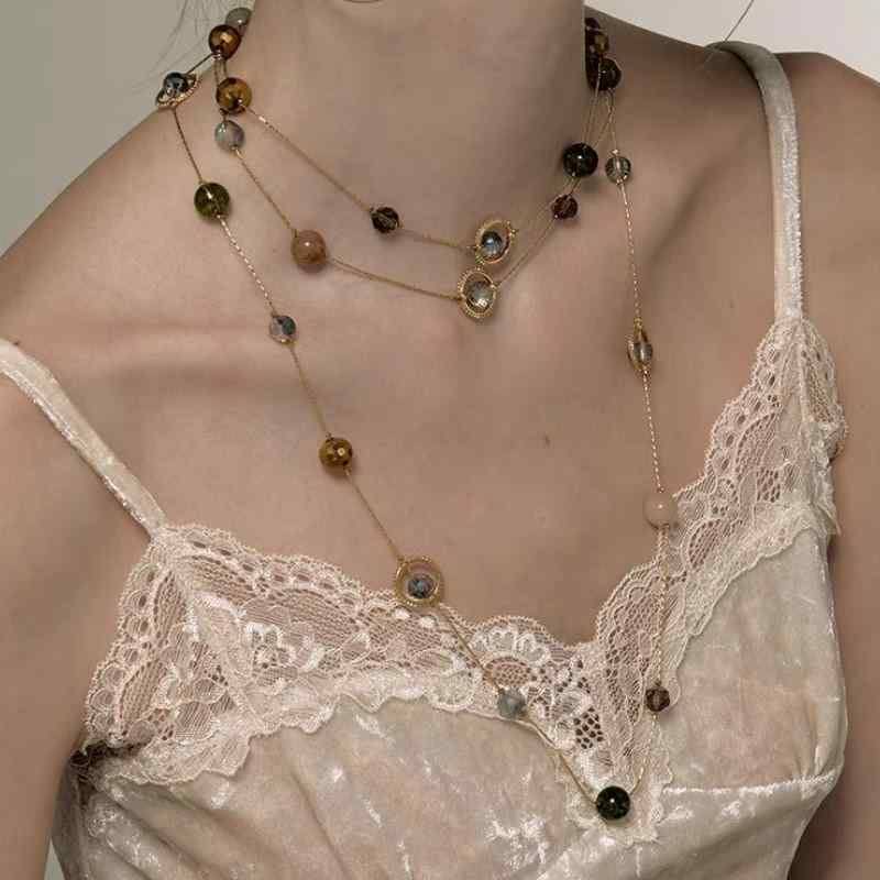 ネックレス レディース 高級感 レトロ ライトラグジュアリー 個性的 エレガント タッセル パール レイヤード 巻き付け 幾何学モチーフ 銅製 電気メッキ加工 春夏