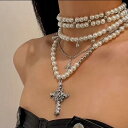 ネックレス レディース パンク ロック レトロ ヴィンテージ風 ローズ 十字架 ペンダント チャーム 多層 重ね付け レイヤード パール パール ビーズ 合金 ...